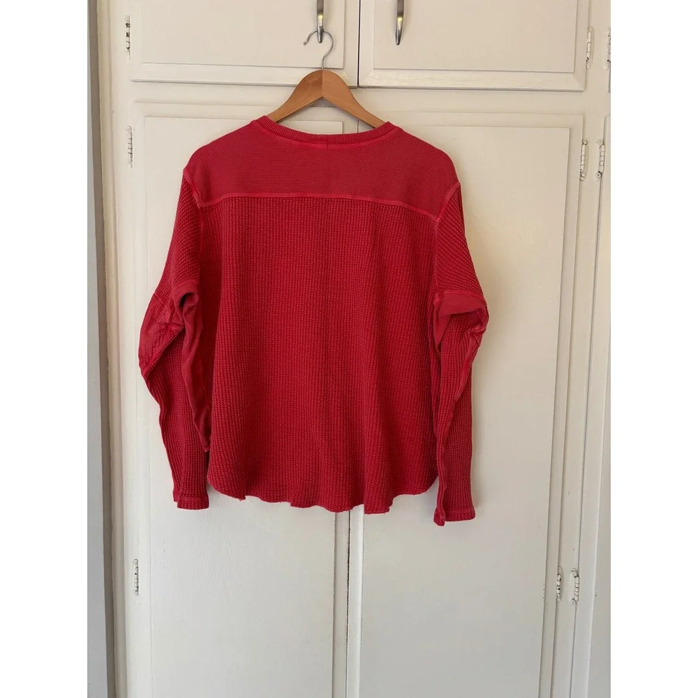 Free People FP One Rich Red Waffle Knit Thermal Mixed Media Top Long Sleeve XL